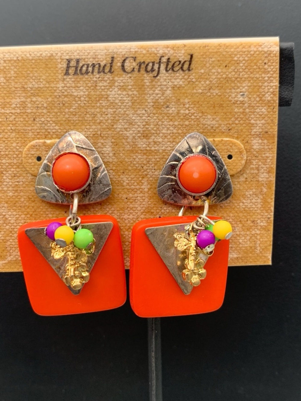 Vintage NOS handcrafted Crafted Orange Geometric Drop Earrings